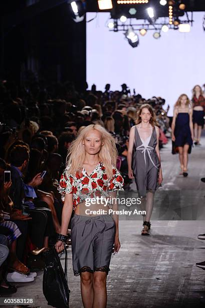 Model walks the runway at the Alexander Wang fashion show during New York Fashion Week at Pier 94 on September 10, 2016 in New York City.