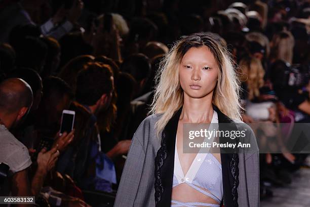 Model walks the runway at the Alexander Wang fashion show during New York Fashion Week at Pier 94 on September 10, 2016 in New York City.