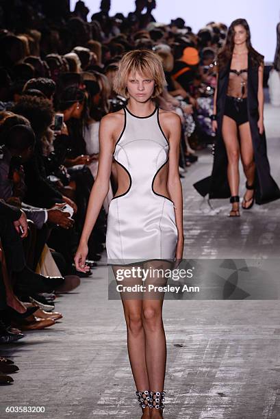 Model walks the runway at the Alexander Wang fashion show during New York Fashion Week at Pier 94 on September 10, 2016 in New York City.