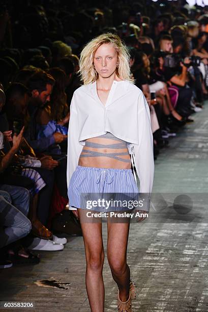 Model walks the runway at the Alexander Wang fashion show during New York Fashion Week at Pier 94 on September 10, 2016 in New York City.