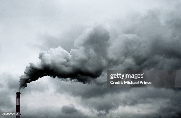 smoke billowing from smokestack - luchtvervuiling stockfoto's en -beelden