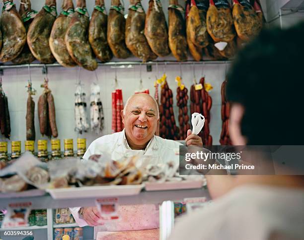butcher laughing - butchers shop fotografías e imágenes de stock