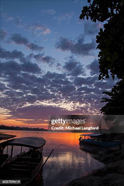 sunrise over the madre de dios river with boats and trees, puerto maldonado, tambopata province, madre de dios region, peru.  - madre de dios stock pictures, royalty-free photos & images