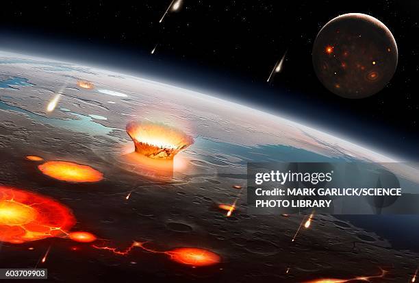 artwork of early earth-moon system - asteroid earth stock illustrations