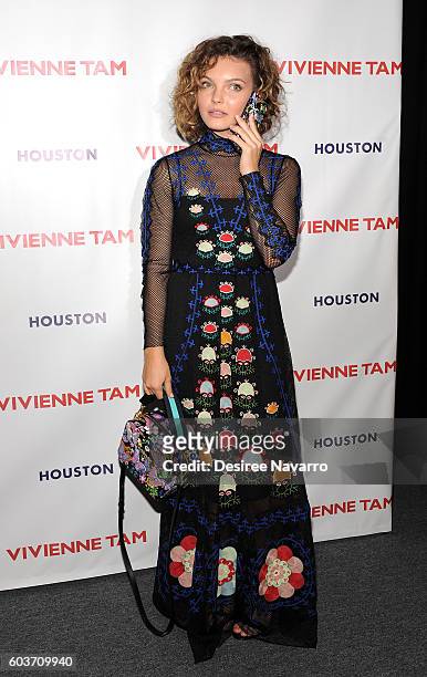 Actress Camren Bicondova poses backstage at the Vivienne Tam fashion show during New York Fashion Week: The Shows at The Arc, Skylight at Moynihan...
