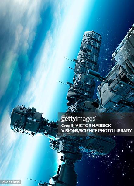 futuristic space station, illustration - space station stock illustrations