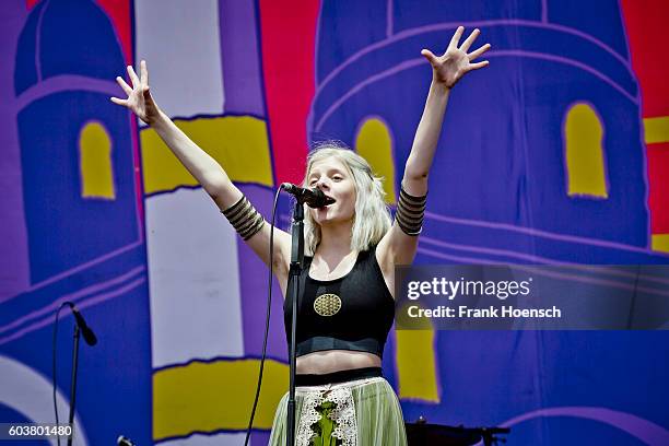 Norwegian singer Aurora Aksnes performs live on stage during second day of Lollapalooza Festival at the Treptower Park on September 11, 2016 in...