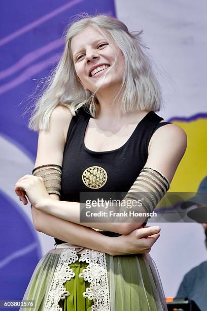 Norwegian singer Aurora Aksnes performs live on stage during second day of Lollapalooza Festival at the Treptower Park on September 11, 2016 in...