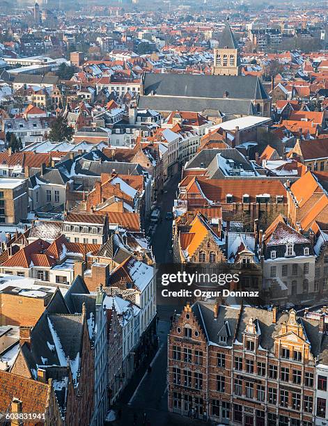 aerial view of bruges under snow, belgium - belgium winter stock pictures, royalty-free photos & images