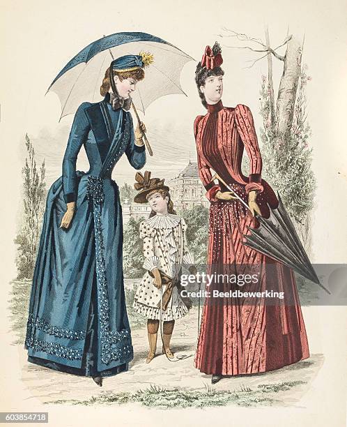 two women with parasols showing dresses with queue de paris - lace parasol stock illustrations