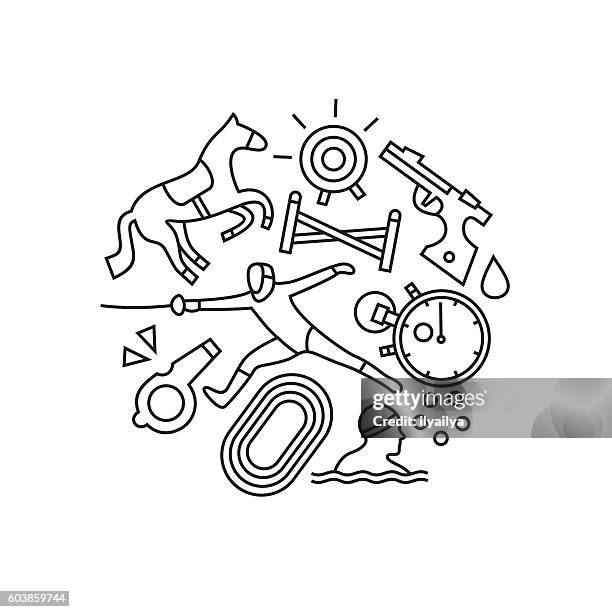 pentathlon set of vector illustration - horse jumping stock illustrations