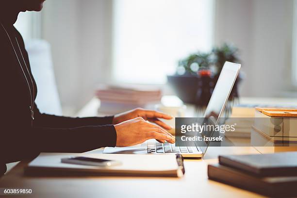 donna elegante che usa il laptop in ufficio o a casa - e mail foto e immagini stock