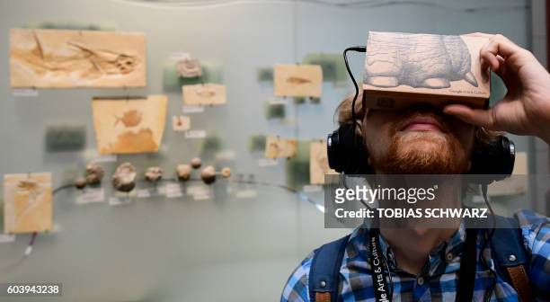 Journalist uses a smartphone equipped with a so-called "Google Cardboard" mount to use it as a VR device for trying out a new offer developed by...