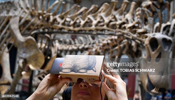 Woman uses a smartphone equipped with a so-called "Google Cardboard" mount to use it as a VR device for trying out a new offer developed by Google's...