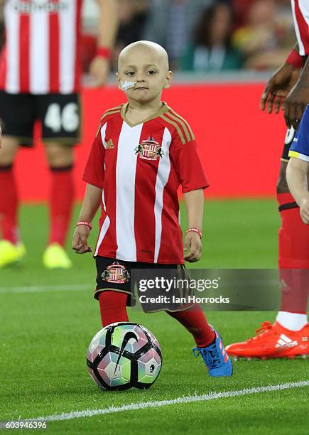 Sunderland mascot Bradley Lowery during the Premier League match between Sunderland and Everton at Stadium of Light on September 12, 2016 in...