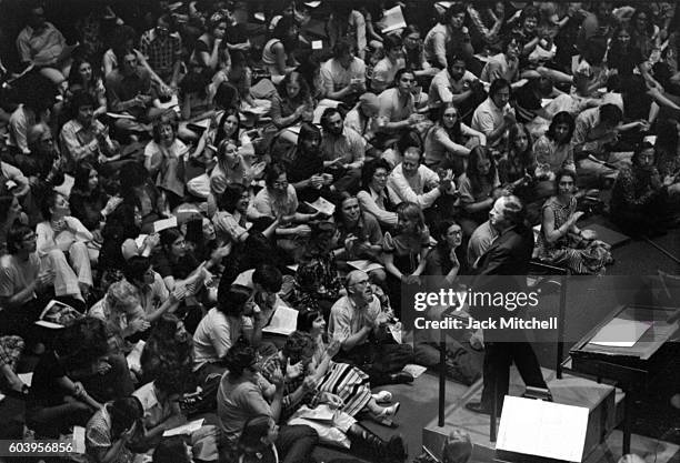 Pierre Boulez conducts one of his Rug Concerts in Philharmonic Hall in June 1973.