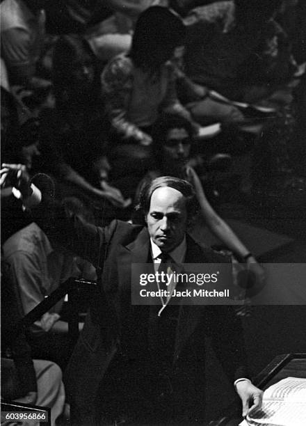 Pierre Boulez conducts one of his Rug Concerts in Philharmonic Hall in June 1973.