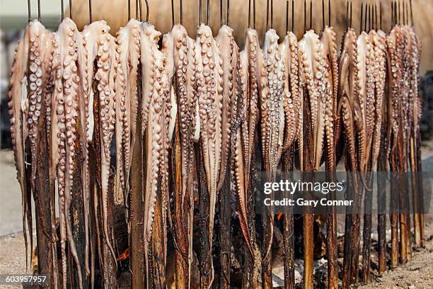 octopus grilling at beach stand - salobreña stock pictures, royalty-free photos & images