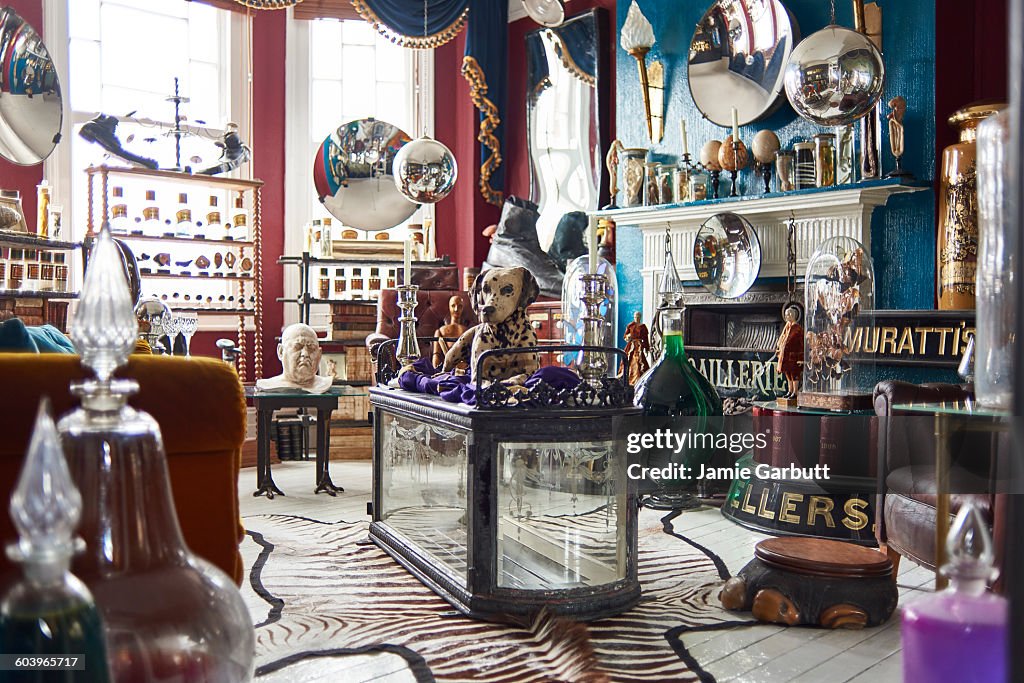 A view of an antiques dealers living room