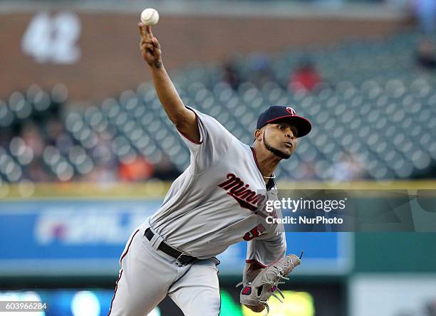 Minnesota Twins starting pitcher Ervin Santana pitches the first inning of a baseball game against the Detroit Tigers in Detroit, Michigan USA, on...