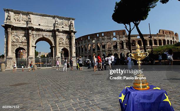 General view of the Ryder Cup Trophy in front of the Coliseum during the Ryder Cup Trophy Tour event on September 13, 2016 in Rome, Italy.The Ryder...