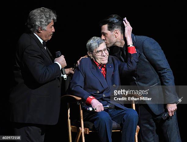Singer Tony Orlando, entertainer Jerry Lewis and illusionist Criss Angel speak during Criss Angel's HELP charity event at the Luxor Hotel and Casino...