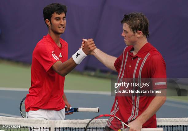 Chennai Open Tennis - Yuki Bhambri V/S Marchenko paying Aircel Chennai 2010 at Ahmedabad Education Society Ground on Saturday in Chennai.