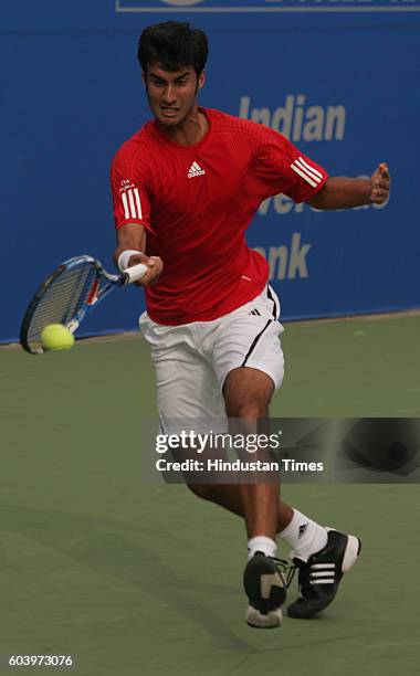 Chennai Open Tennis - Yuki Bhambri V/S Marchenko paying Aircel Chennai 2010 at Ahmedabad Education Society Ground on Saturday in Chennai.