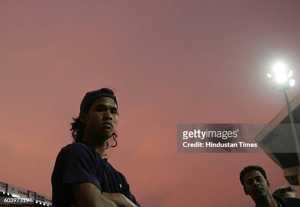 Chennai Open Tennis - Janko Tipsarevic V/S Somdev Devvarman playing practice match of Aircel Chennai 2010 at Ahmedabad Education Society Ground in...