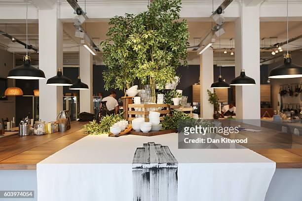 General view inside Ikea's 'The Dining Club' pop up restaurant, cafe and shop in Shoreditch on September 13, 2016 in London, England. The...