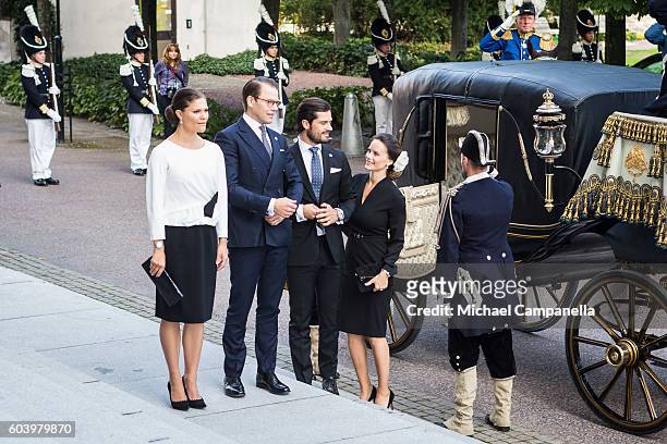 Crown Princess Victoria, Prince Daniel, Prince Carl Phillip, and Princess Sofia of Sweden attend a ceremony at Riksdag in connection with the opening...