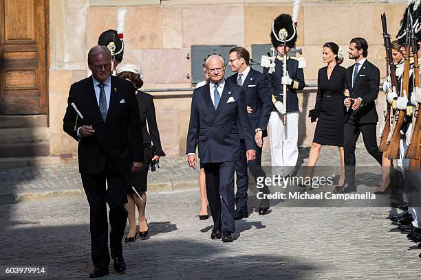 King Carl XVI Gustaf of Sweden attends a ceremony at Storkyrkan in connection with the opening session of the Swedish parliament on September 13,...