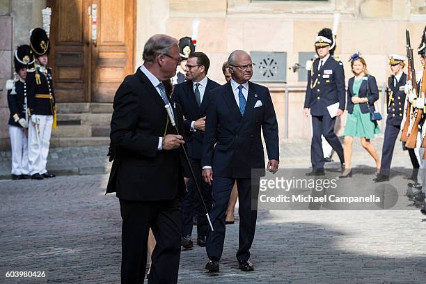 King Carl XVI Gustaf of Sweden attends a ceremony at Storkyrkan in connection with the opening session of the Swedish parliament on September 13,...
