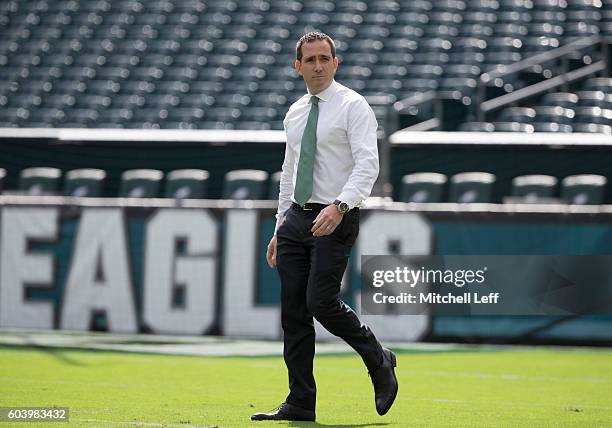 General manager Howie Roseman of the Philadelphia Eagles walks on the field prior to the game against the Cleveland Browns at Lincoln Financial Field...