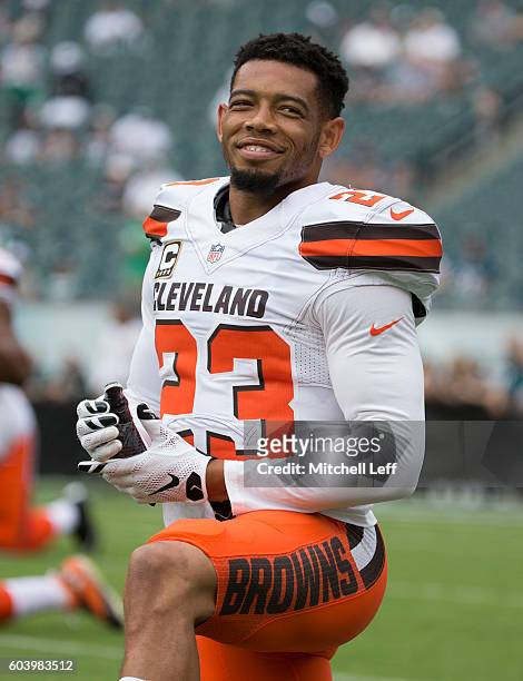 Joe Haden of the Cleveland Browns warms up prior to the game against the Philadelphia Eagles at Lincoln Financial Field on September 11, 2016 in...