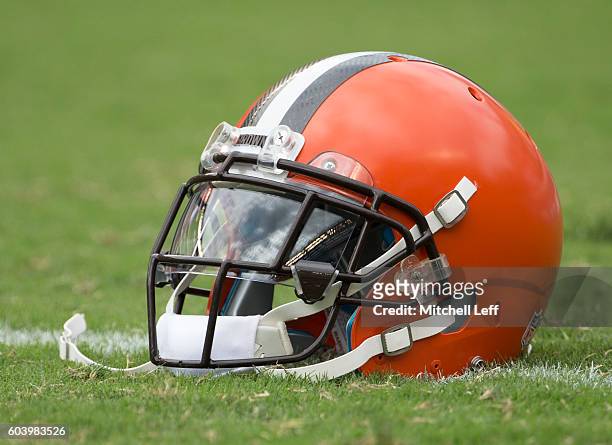 Cleveland Browns helmet rests on the field prior to the game against the Philadelphia Eagles at Lincoln Financial Field on September 11, 2016 in...