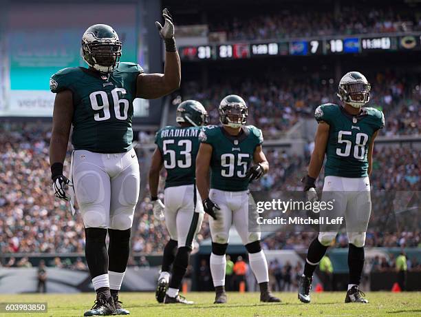 Bennie Logan, Nigel Bradham, Mychal Kendricks, and Jordan Hicks of the Philadelphia Eagles play against the Cleveland Browns at Lincoln Financial...