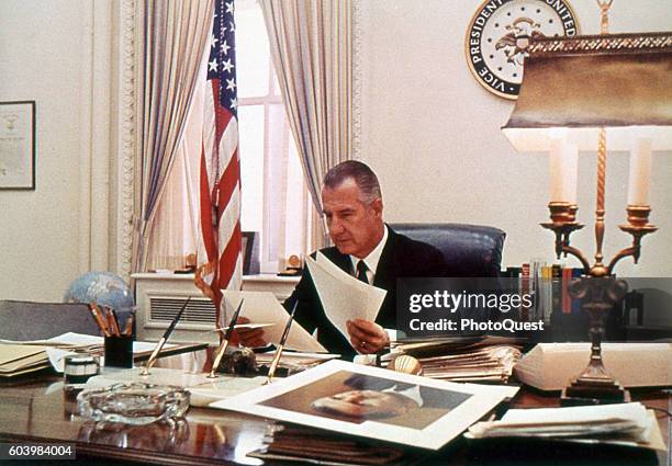 View of American politician and US Vice President Spiro Agnew works at his desk in the White House, Washington DC, May 17, 1970.