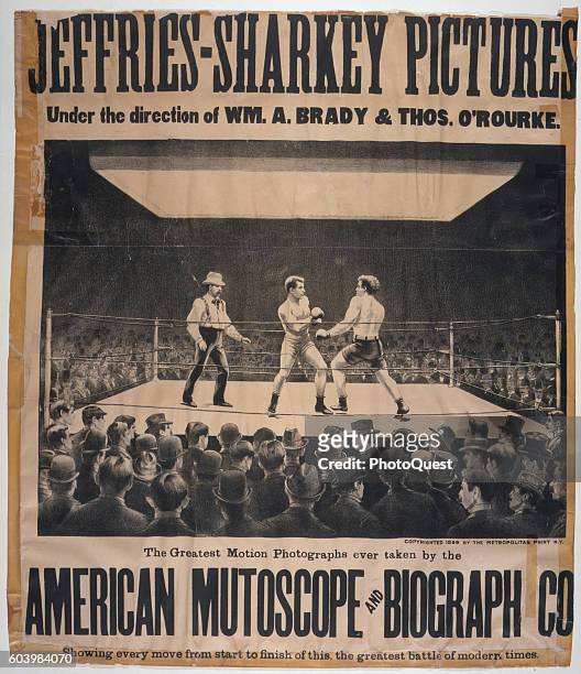 Poster advertises a mutoscope film that features the boxing match between James J Jeffries and Tom Sharkey, circa 1900. Jeffries won the bout, which...