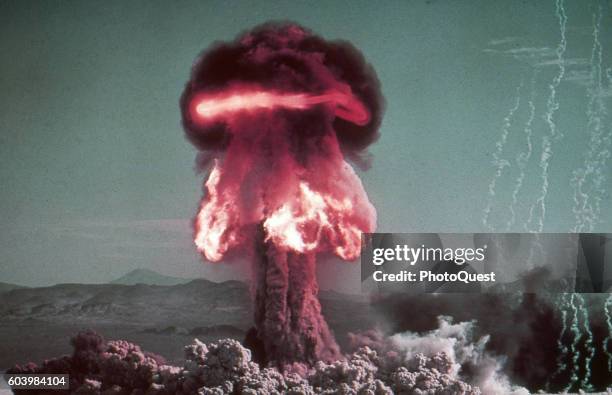 The fireball and plume from the Grable nuclear weapons test conducted by the United States as part of Operation Upshot–Knothole at Area 5 of the...