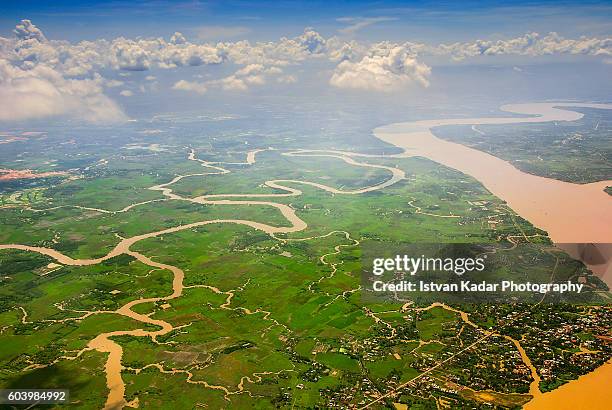 aerial view of the mekong delta in southern vietnam - river mekong stock pictures, royalty-free photos & images