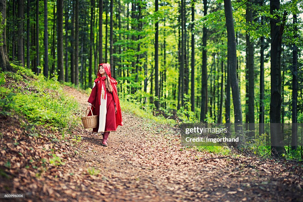 Rotkäppchen zu Fuß durch den Wald