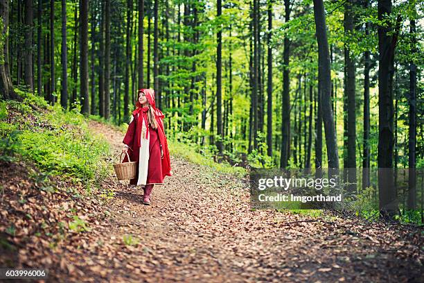 rotkäppchen zu fuß durch den wald - rotkäppchen stock-fotos und bilder