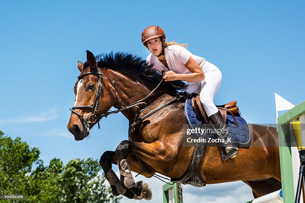 Show jumping - horse with rider jumping over hurdle