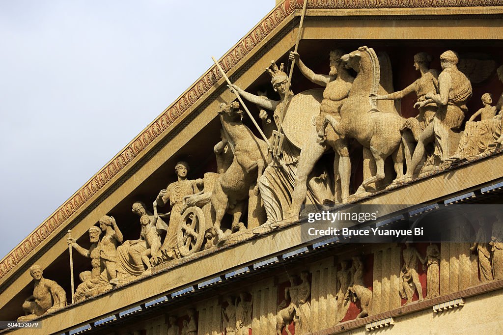 A closed up view of the pediment of the Parthenon