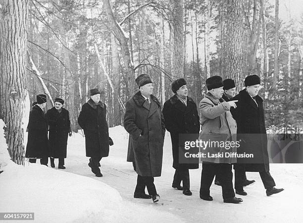 Leaders of the Soviet Union taking a walk in the forest near Moscow. Right to left: Frol Kozlov, Alexei Kosygin, Nikita Khrushchev, Leonid Brezhnev,...