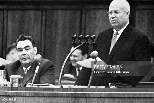Leader of the Soviet Union Nikita Khrushchev and Leonid Brezhnev in Moscow, USSR, in the 1960s.