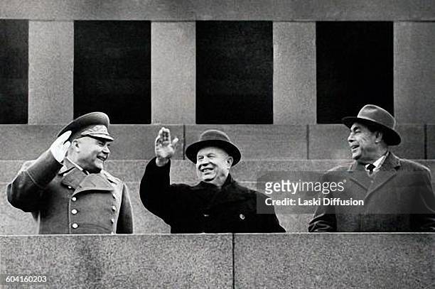 Soviet defence minister Rodion Malinowsky, leader of the Soviet Union Nikita Khrushchev and Leonid Brezhnev in Moscow, USSR, on 30th November 1962.