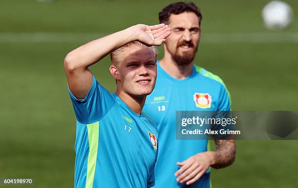 Joel Pohjanpalo looks on during a Bayer Leverkusen training session ahead of their Champions League Group E match against CSKA Moscow at BayArena on...
