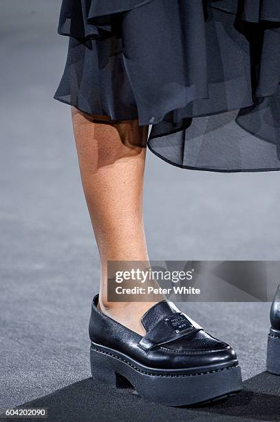 Jessica Williams, shoes detail, walks the runway at the Opening Ceremony fashion show during New York Fashion Week at Jacob Javitz Center on...